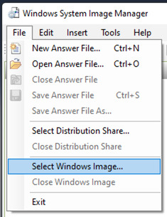 A screenshot of the windows system image manager menu the select windows image option is selected
