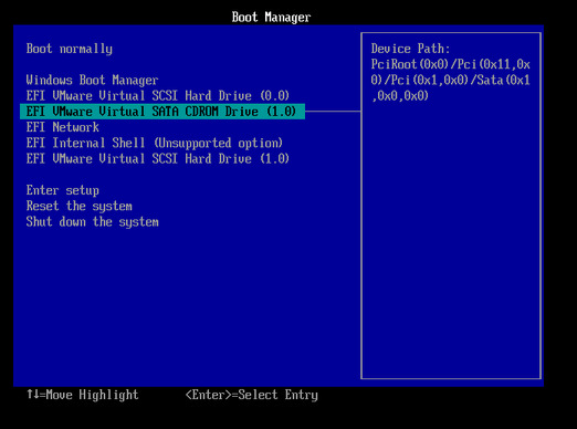 boot manager menu screen with the cdrom drive option selected