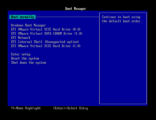 the boot manager screen with boot normally highlighted