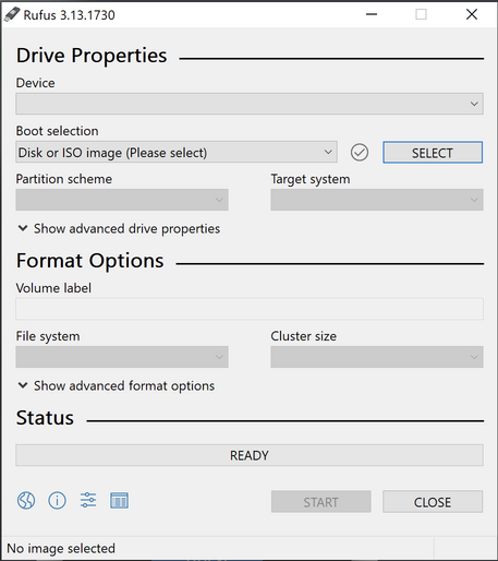 the rufus tool screen with the disk or iso image slected