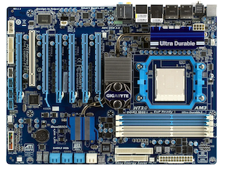 A motherboard with four RAM sockets in pairs.