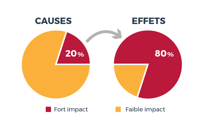 Infographie de deux graphiques camembert un pour les effets et un pour les causes. 20% du premier est de la même couleur que 80% de l'autre.