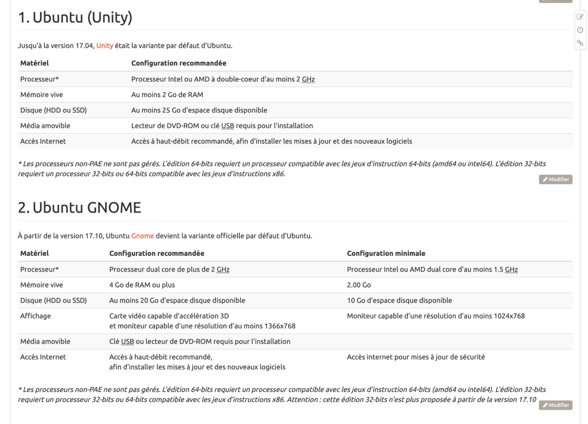 Cette capture d'écran montre les recommandations de l'éditeur que l'on peut retrouver sur le site https://doc.ubuntu-fr.org/exigences_minimales