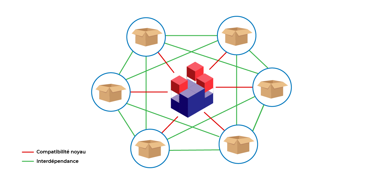 Les packages forment une distribution autour du noyau. Ils sont interdépendants et compatibles avec le noyau.