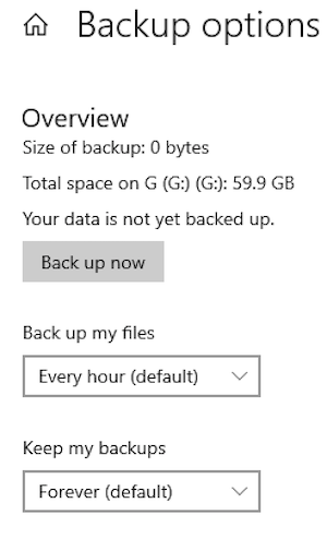 Back up my files is followed by a dropdown menu with frequency options; Keep my backups is followed by a dropdown menu with duration options.