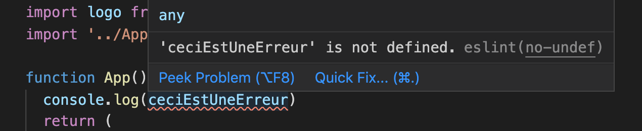 Dans notre IDE, la variable non déclarée, ceciEstUneErreur, est soulignée en rouge dans le console.log.