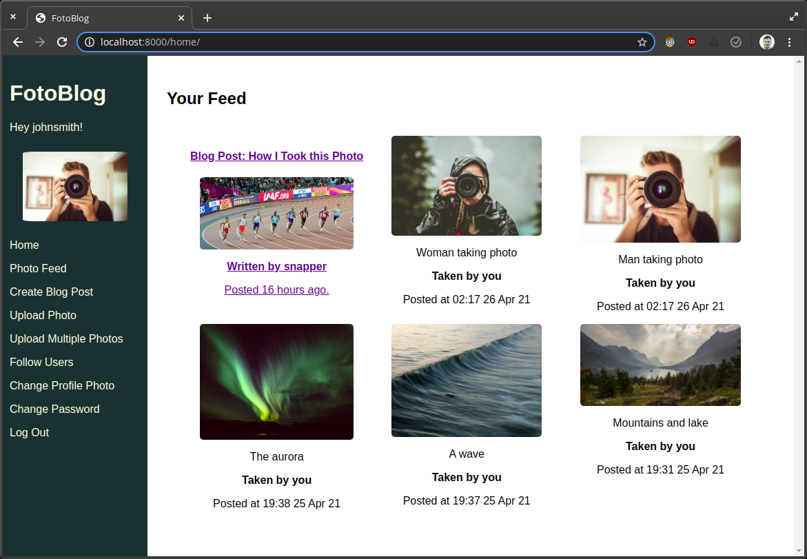 Screenshot of the feed page with navigation