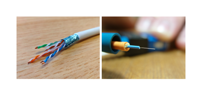 Les supports de communication :  - A gauche : câble en cuivre à paires torsadées - A droite : câble optique