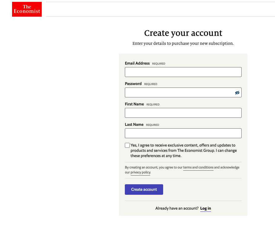 A screenshot that shows the 4 fields needed to create an account Email address Password first name last name  below it has a box to select to give consent to receive product and service emails