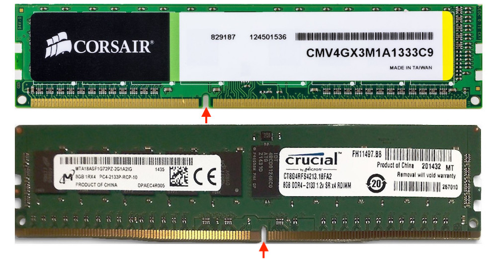 DDR3 (top) and DDR4 (bottom) RAM modules. A notch is located along the bottom edge of each module, but the notch on the DDR4 is more centered than the notch on the DDR3.