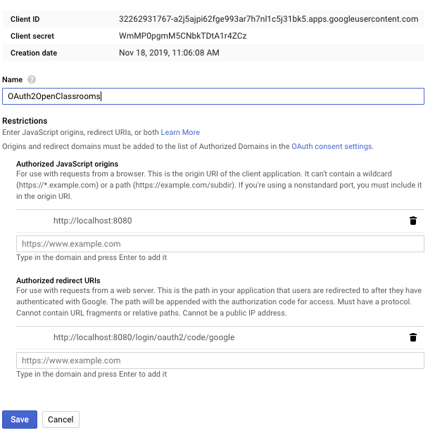 Identifiants Google OAuth2