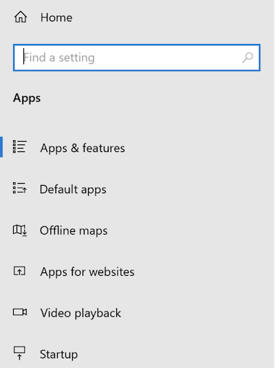 Apps menu containing the option Apps & features.