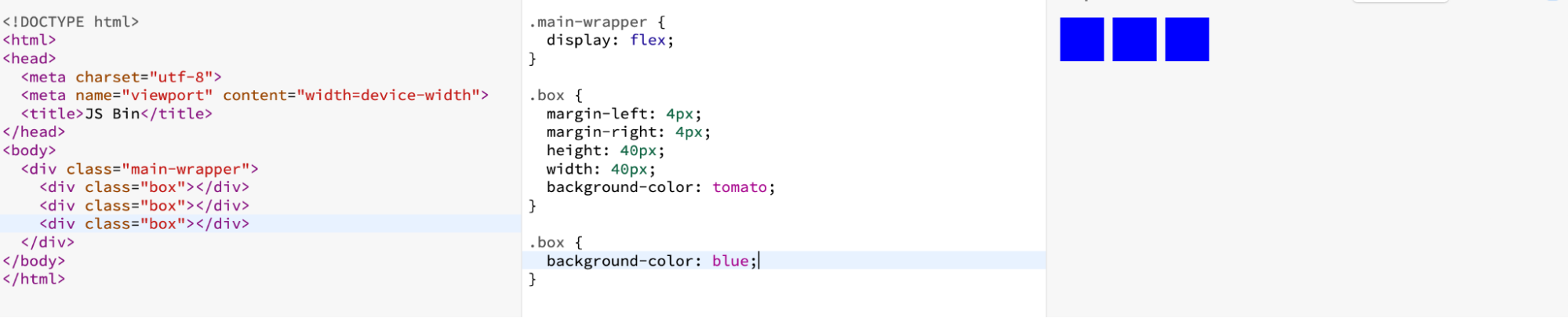 Screenshot d'un exemple de code HTML (à gauche), avec sa feuille de style associée (au centre) et le résultat sur le site web (à droite)