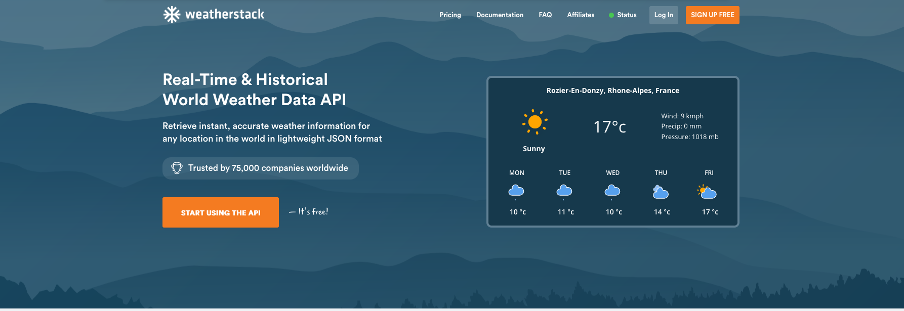 Screenshot, page d'accueil de l'API WeatherStack