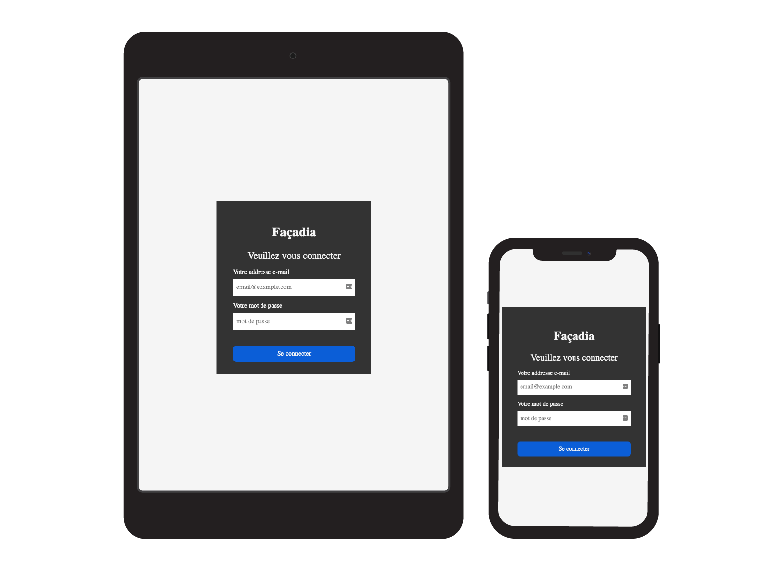 A gauche une tablette avec affiché dans l'écran, la page d'accueil de Façadia centrée . A droite, un smartphone, avec la même page d'accueil affichée. L'espace de connexion prend ici toute la largeur de l'affichage.
