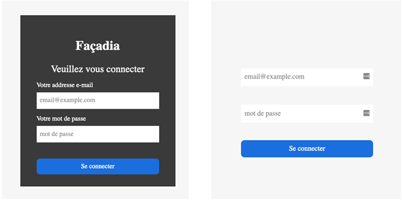 A gauche, la page d'accueil originale de Facadia, sans bug où on a un encadré noir autour du formulaire de connexion. A droite, une version  avec un bug d’affichage CSS, où l'encadré noir n'apparaît pas.