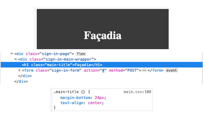 Montage de screenshot avec haut un extrait de la page d'accueil de Faaadia, puis le code HTML correspondant et CSS.