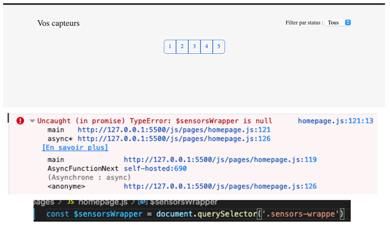 Screenshot du bug sur le site de Façadia, le message d'erreur associé et le code concerné