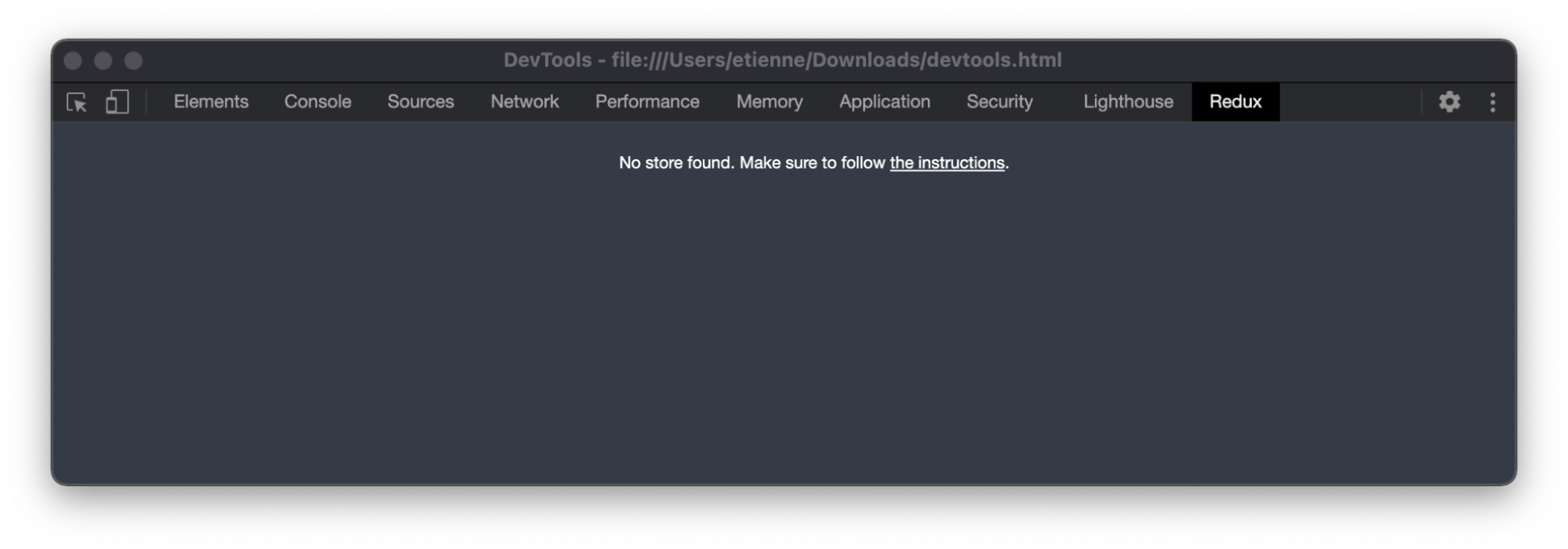 Extension Redux DevTools pour Chrome qui affiche un message pour indiquer qu’aucun store n’a été trouvé.