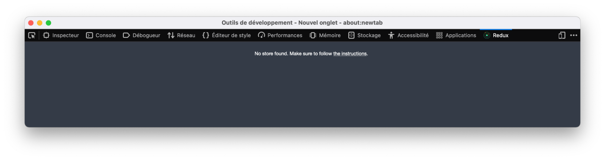 Extension Redux DevTools pour Firefox qui affiche un message pour indiquer qu’aucun store n’a été trouvé.
