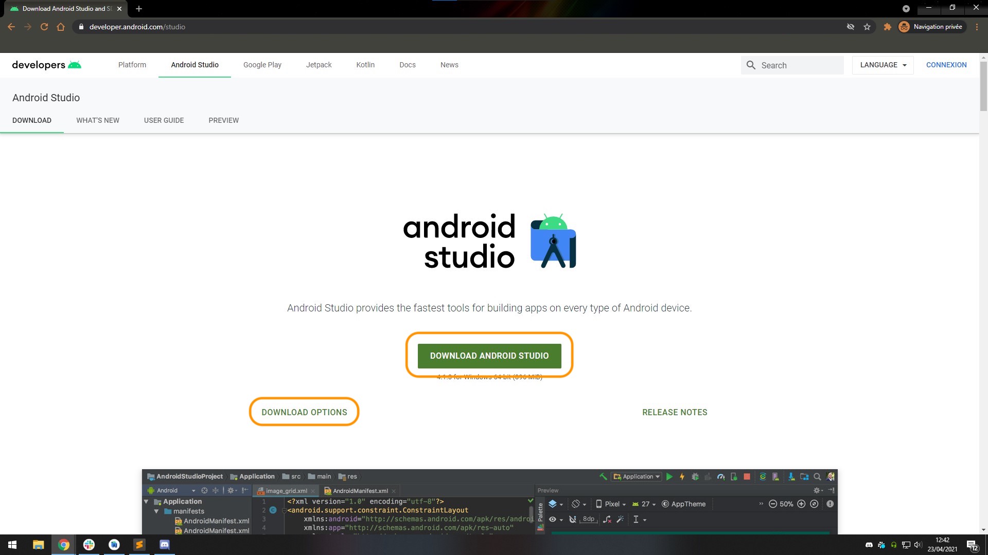 Cliquez sur Download Android Studio ou Download options pour télécharger une version différente