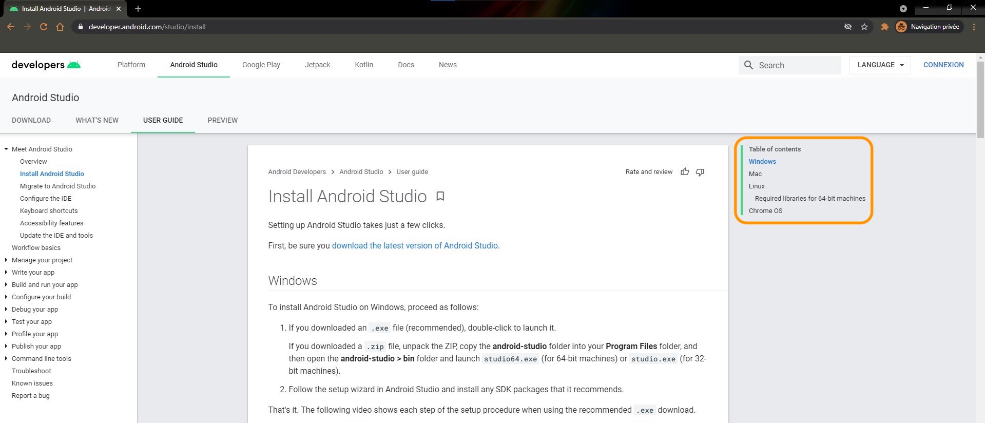 Accédez à la documentation d'Android Studio en haut à droite de votre écran