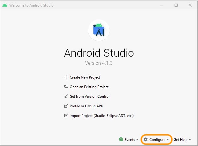 La fenêtre Android Studio s'ouvre après le lancement de l'application. Cliquez sur Configure pour configurer votre environnement.