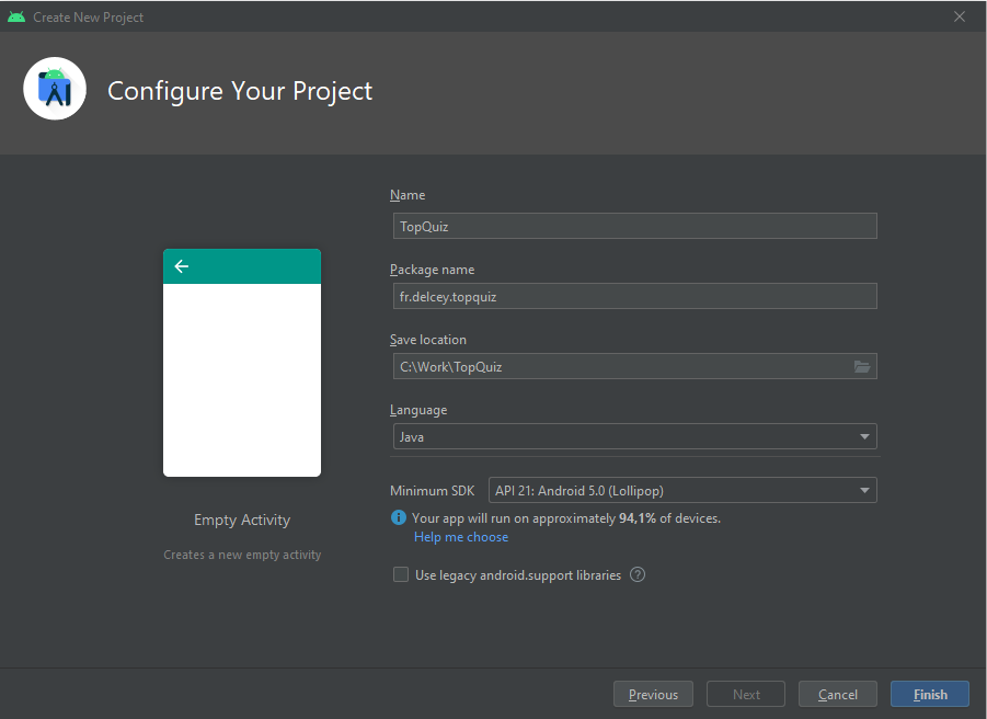 Configurez votre projet en saisissant : le nom de l'application, le nom de package, le chemin du projet et le langage
