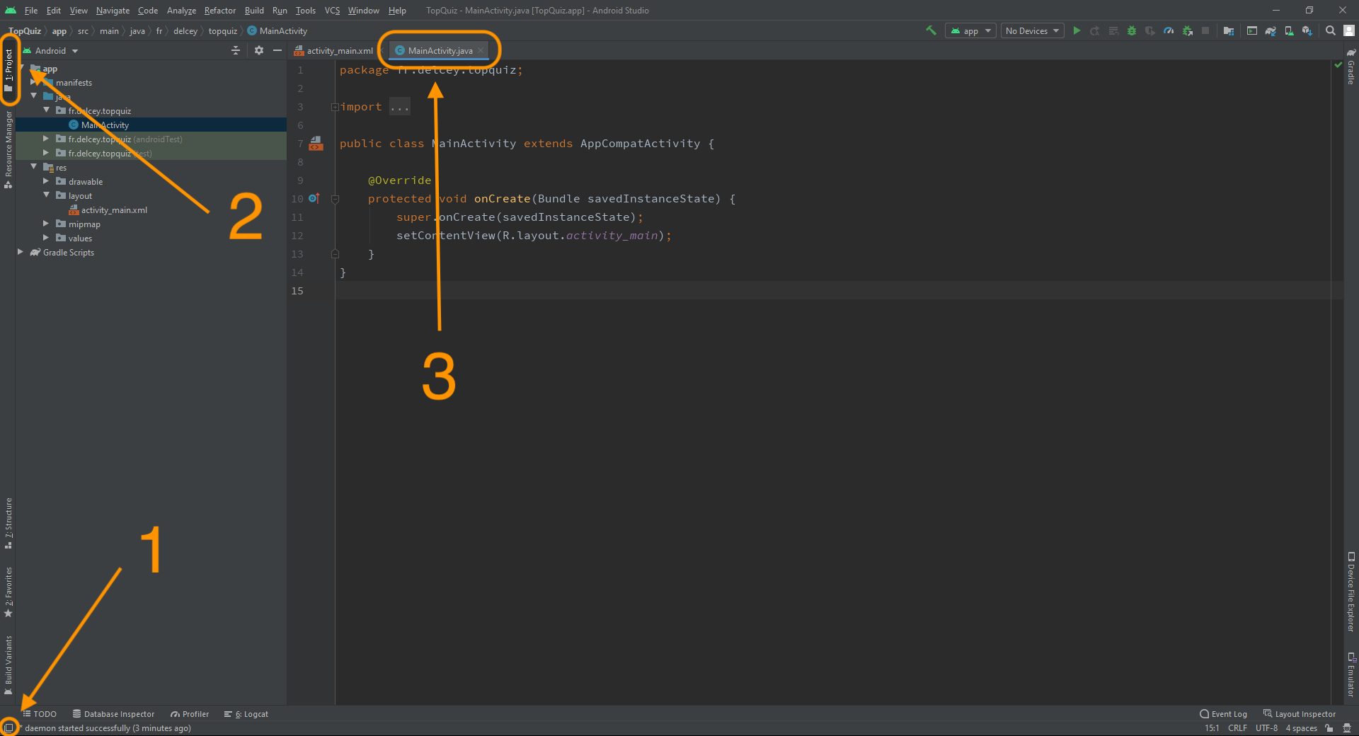 découvrez l'interface d'Android Studio : à gauche l'arborescence des fichiers, à droite le contenu du fichier en cours d'édition