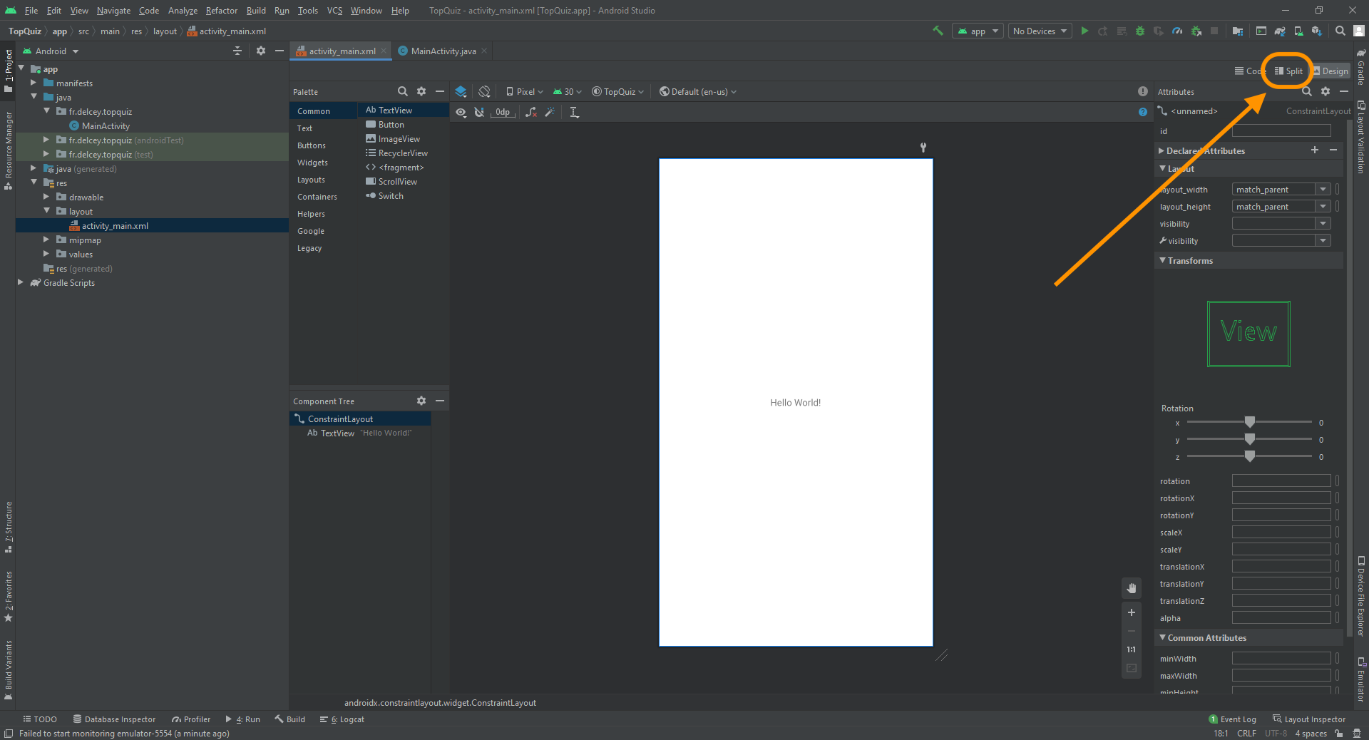 Cliquez sur l'onglet Split pour basculer le layout en mode Text