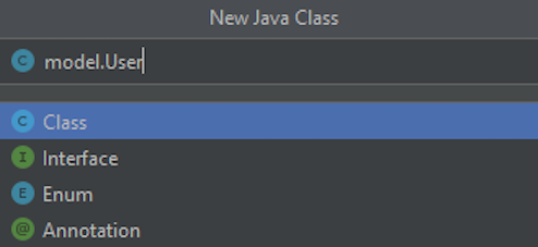 Faites un clic droit sur le package model et sélectionnez New > Java Class pour créer une classe User