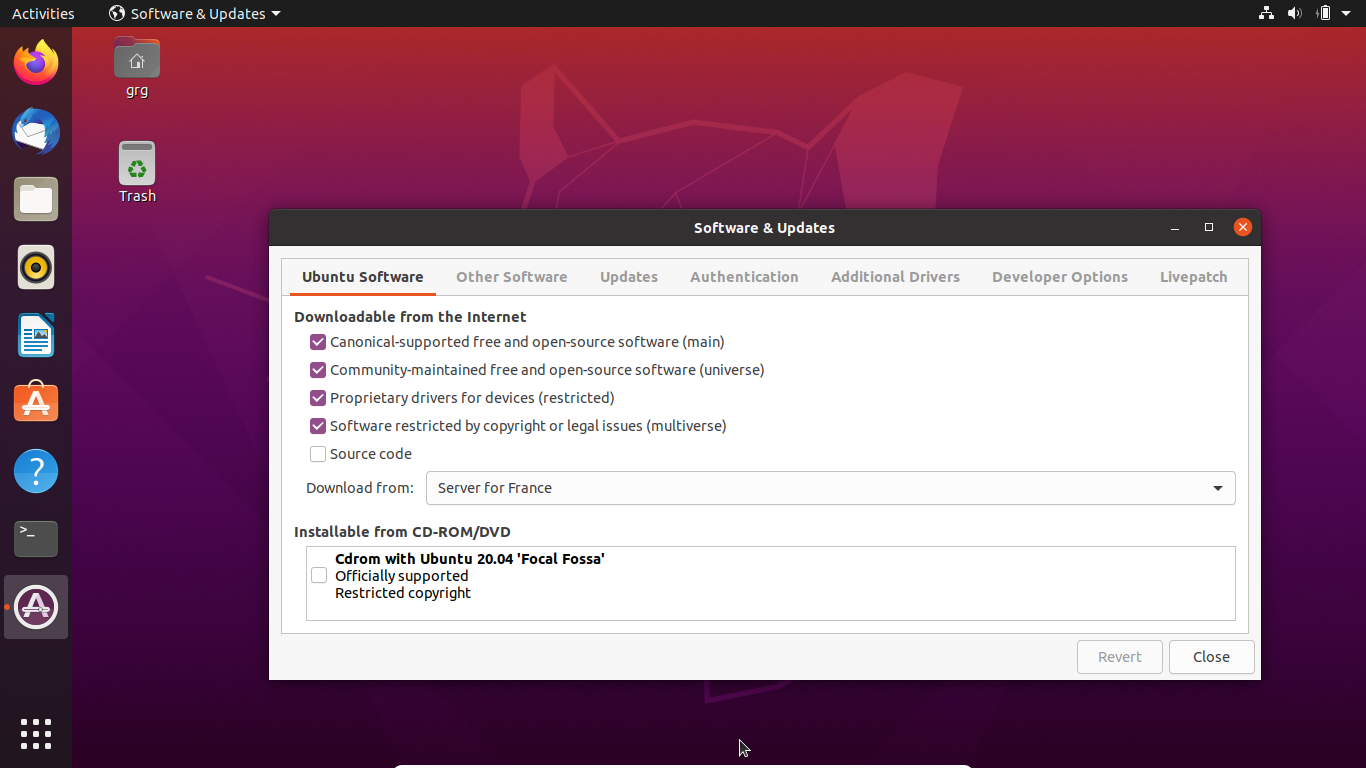 Ubuntu software tab in Software and Updates application, showing repository selections