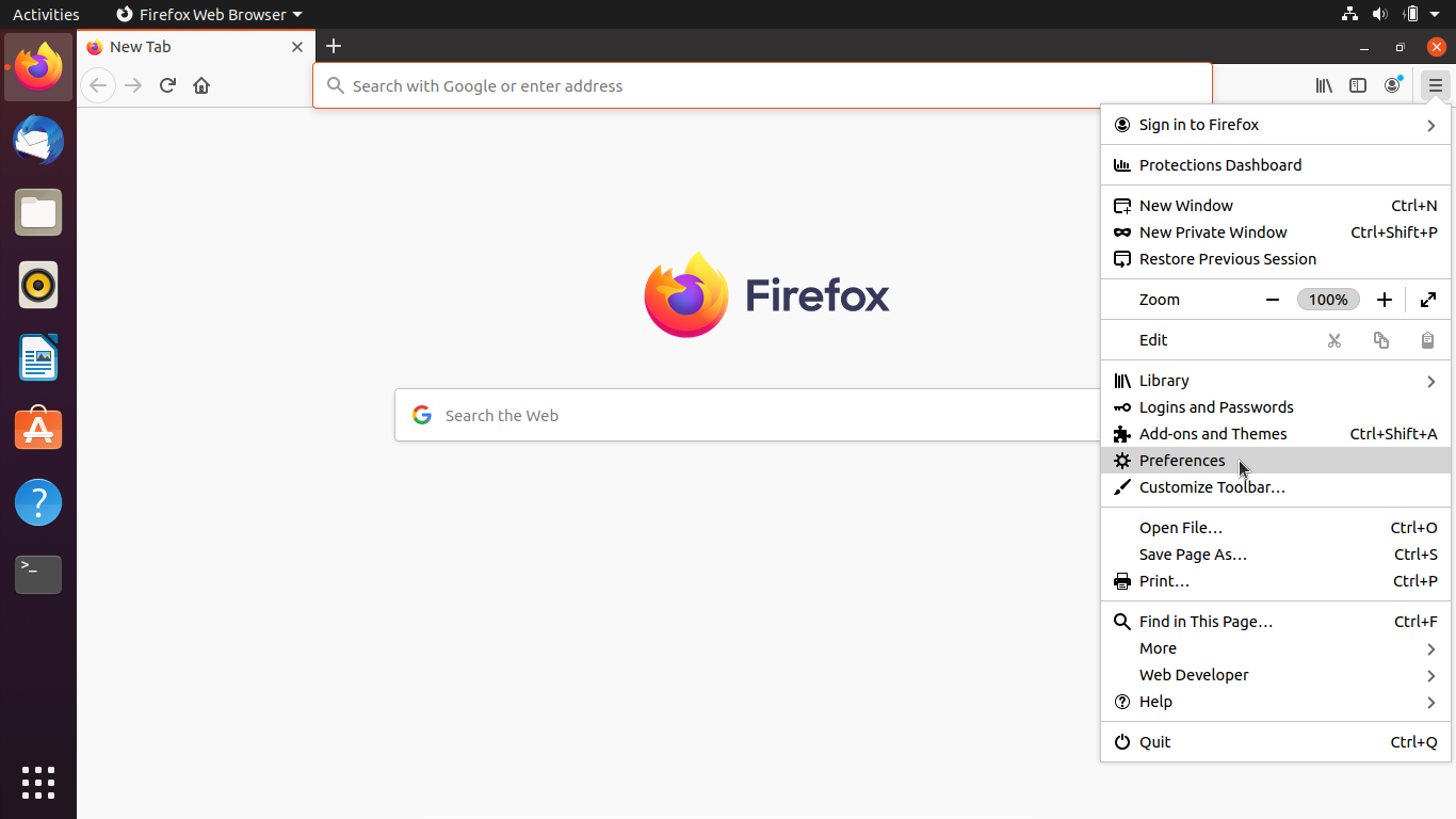 Firefox menu with Preferences highlighted for mouse-click