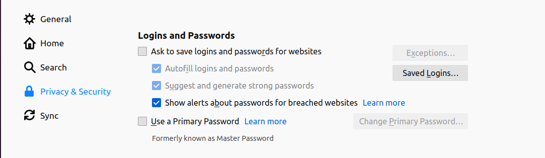 Privacy and Security settings in Firefox showing Logins and Passwords unchecked