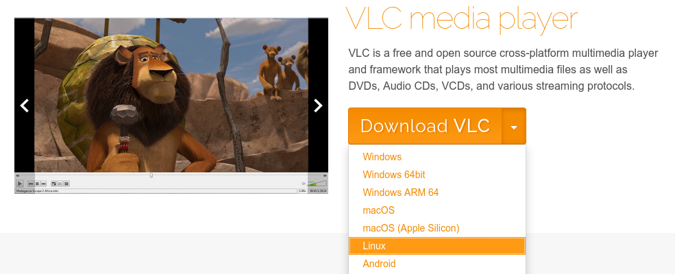VLC media player download page with Linux option highlighted