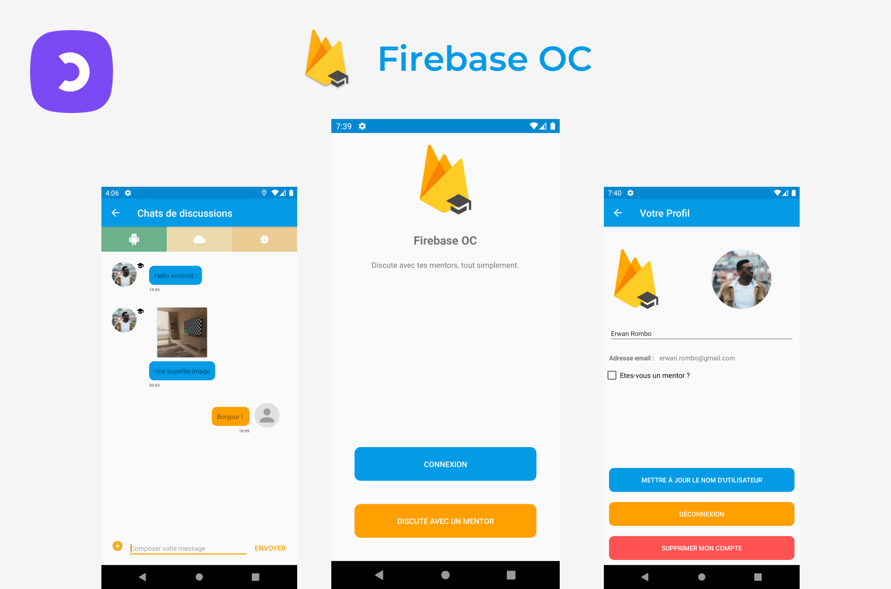 Captures d'écran de l'application FirebaseOC