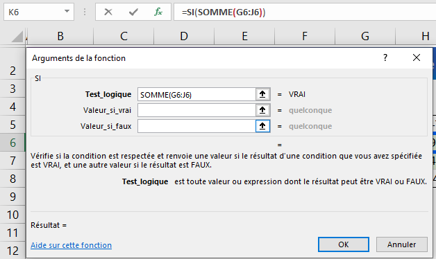 La fonction SOMME() est bien imbriquée dans la fonction SI()