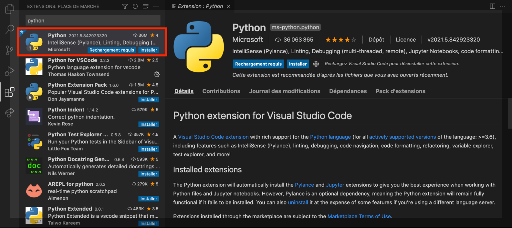 En cliquant sur l’extension Python, une petite fenêtre avec toutes ses informations s'ouvre.