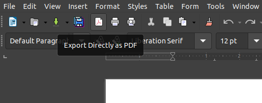 LibreOffice menu with Export Directly as PDF button highlighted.