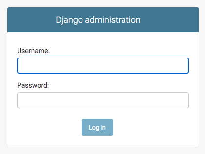 The window is titled Django administration. There are two fields, Username and Password, followed by a Log in button.