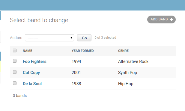 The object list now displays the bands' names, years formed, and genres.