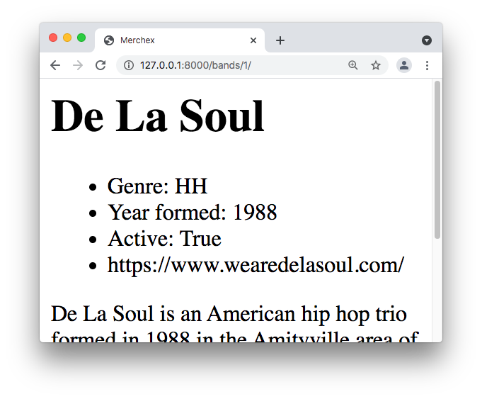 The web page is titled De La Soul and displays in a bullet list the genre, year, active status, and homepage.