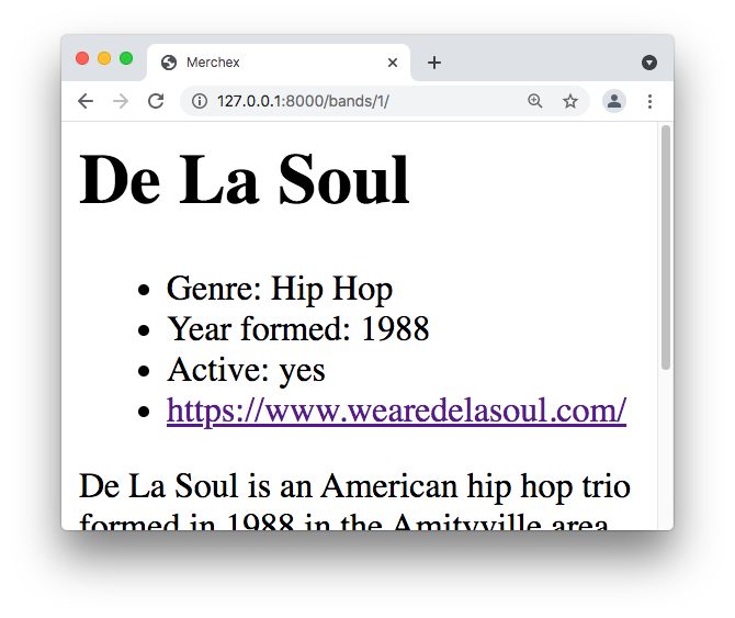 On the De La Soul page, the genre has changed from HH to Hip Hop, the active status has changed from True to yes, and the homepage has become a hyperlink.