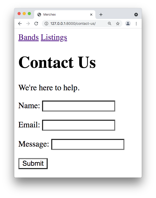 The page contains a navbar with Bands and Listings, the title Contact Us, 3 fields, and a submit button.