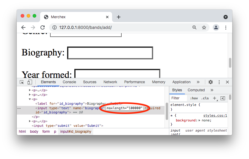In the page's HTML, the element reading maxlength=100000 is circled.