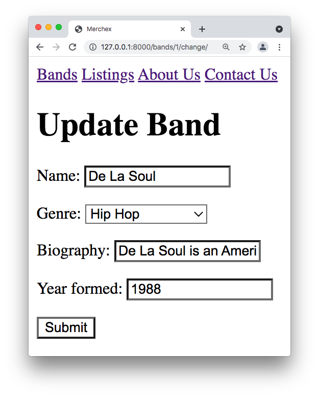 The fields of the Update Band page are filled in.