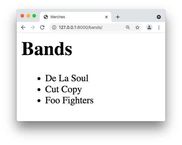 The web page displays the title Bands, followed by a bullet list of the 3 band names.