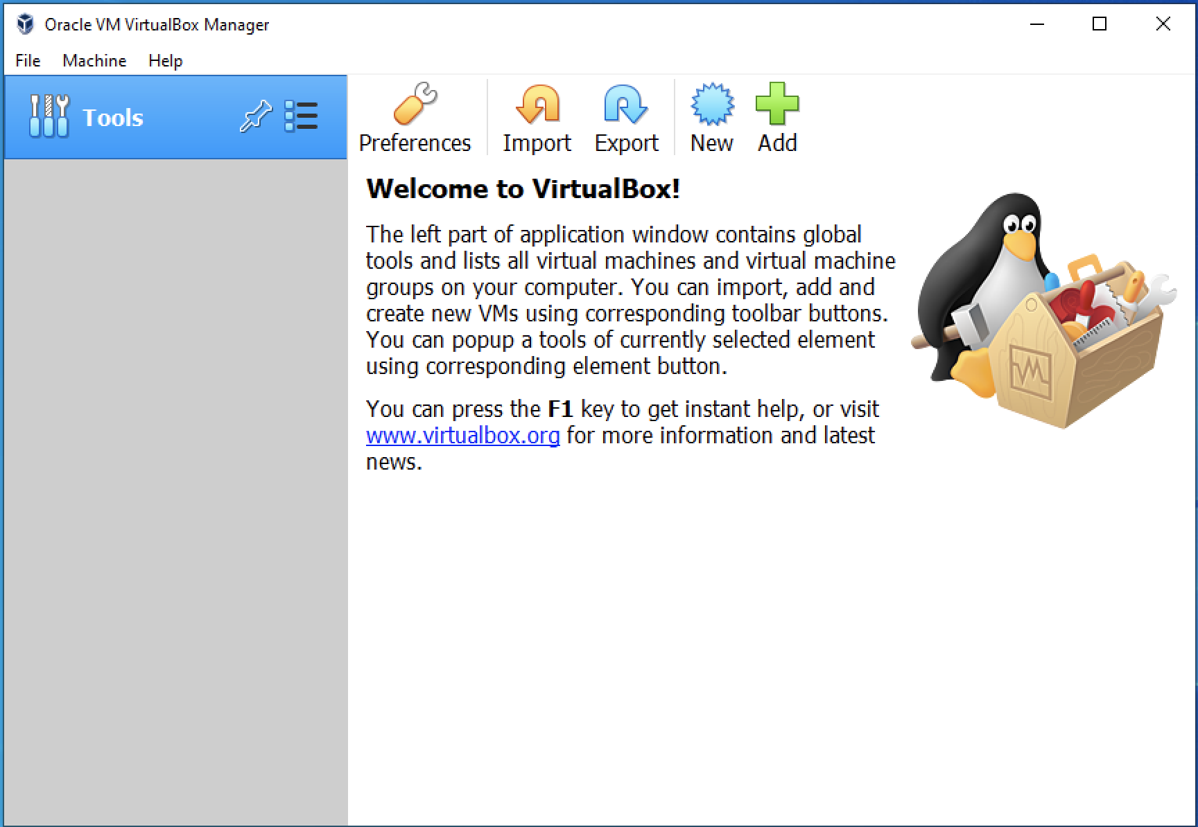 Home screen when opening VirtualBox