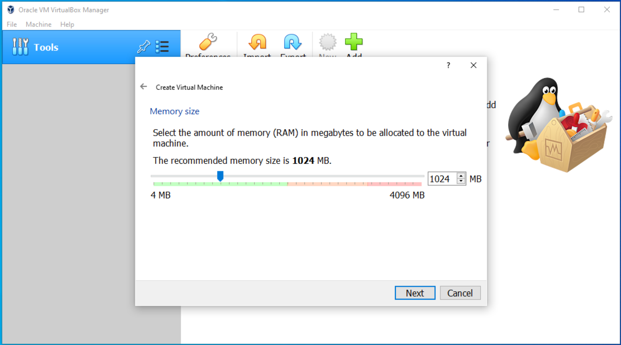 The next screen asks to adjust the RAM memory size on a sliding scale