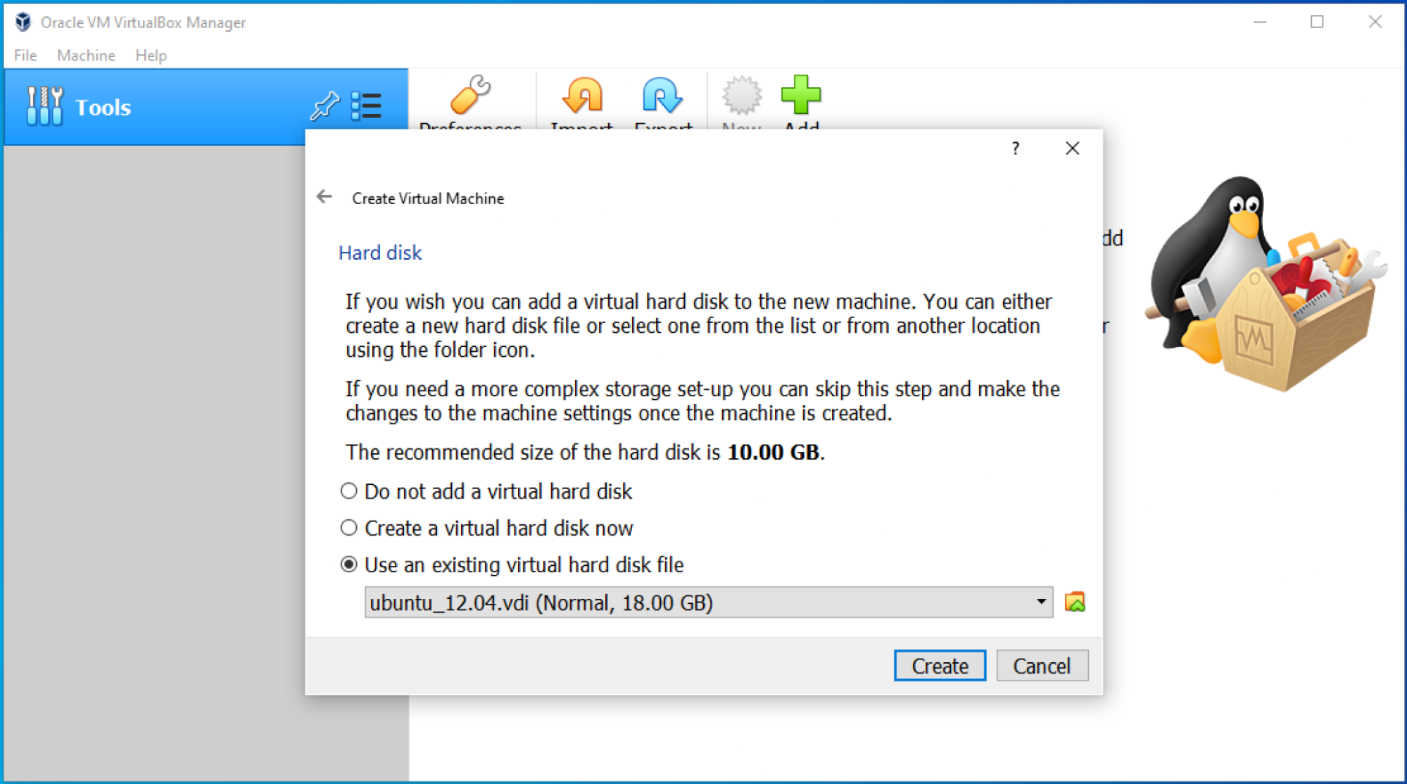 The final step asks you to create once you have selected a hard disk.